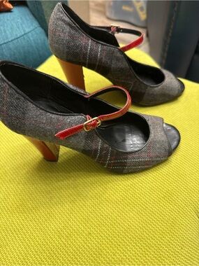 Madden Girl Gray Plaid Peep-Toe Heels with Red Strap